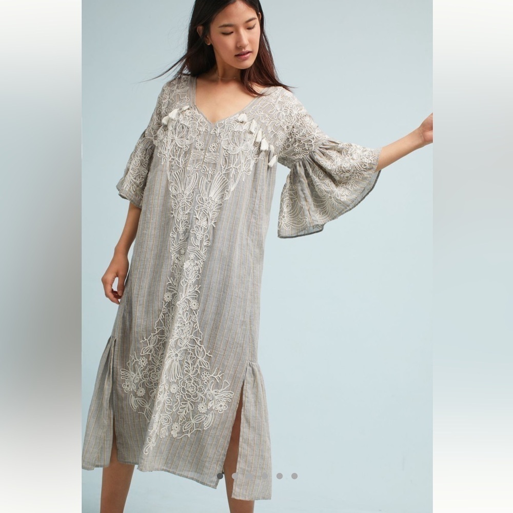 Maeve Tisdale Embroidered Midi Dress in Grey and White - Size 10